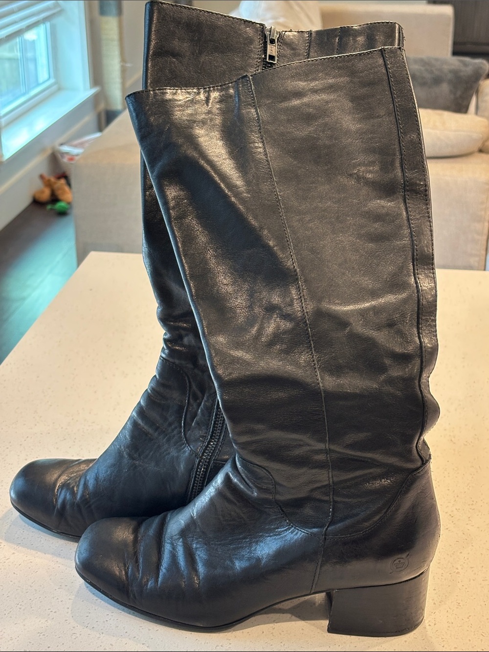 Børn Black Leather Knee High Boots Stacked Heel Size 9.5